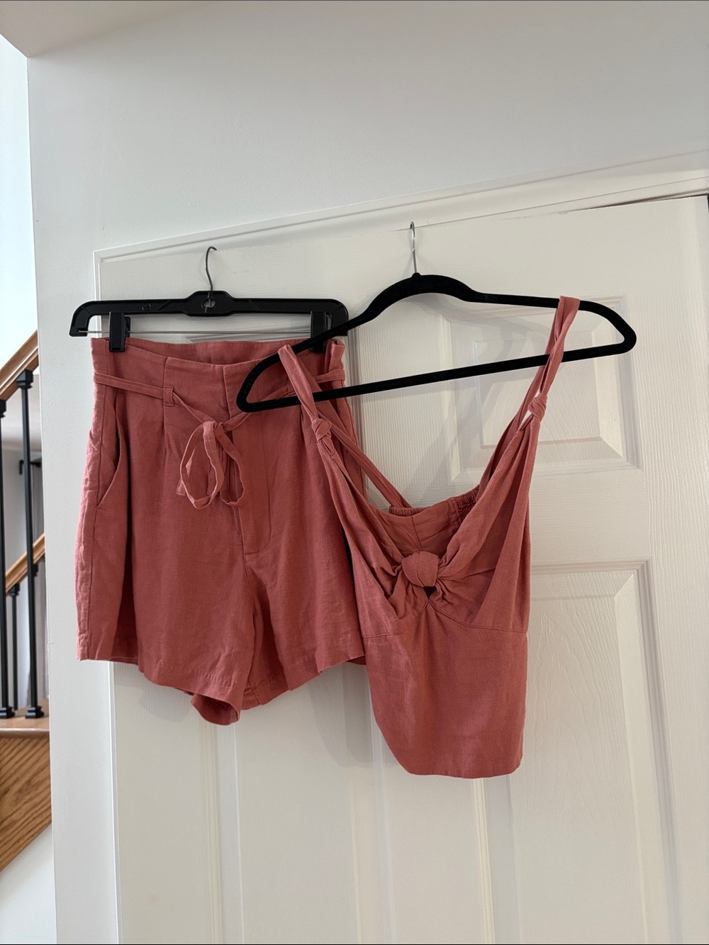 Two-Piece Mauve Pink Linen Blend Set - Knot Front Tank + High Waist Shorts